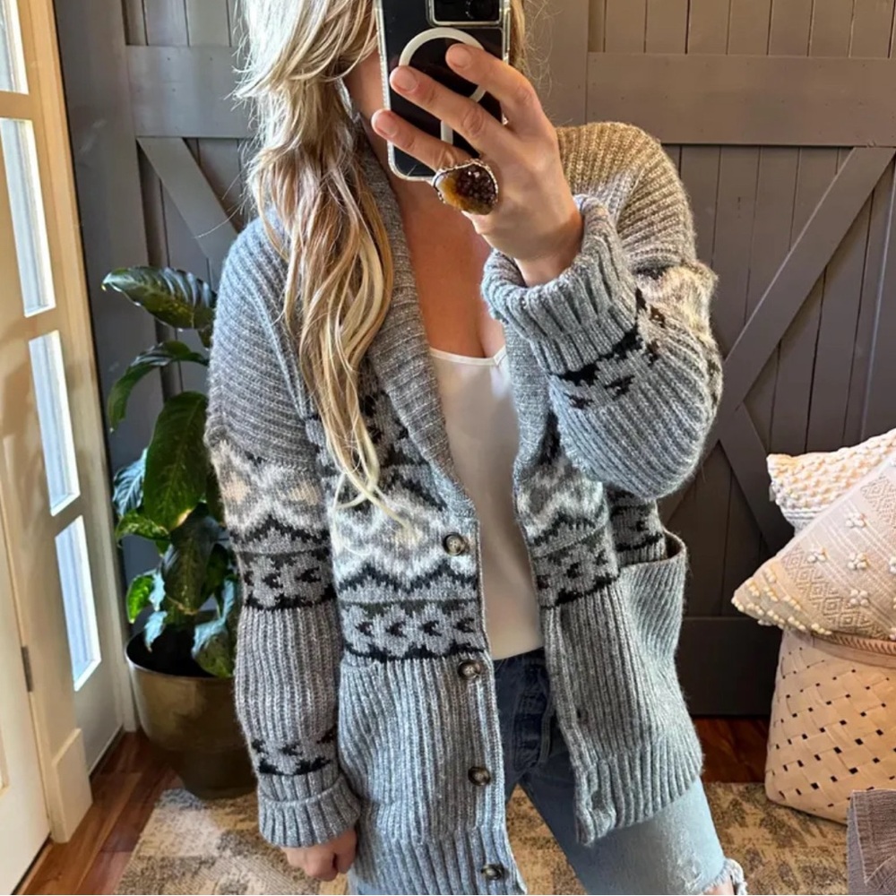 New Western Cowichan Print Long Grey Cardigan Sweater Thick Chunky Knit - Picture 11 of 13